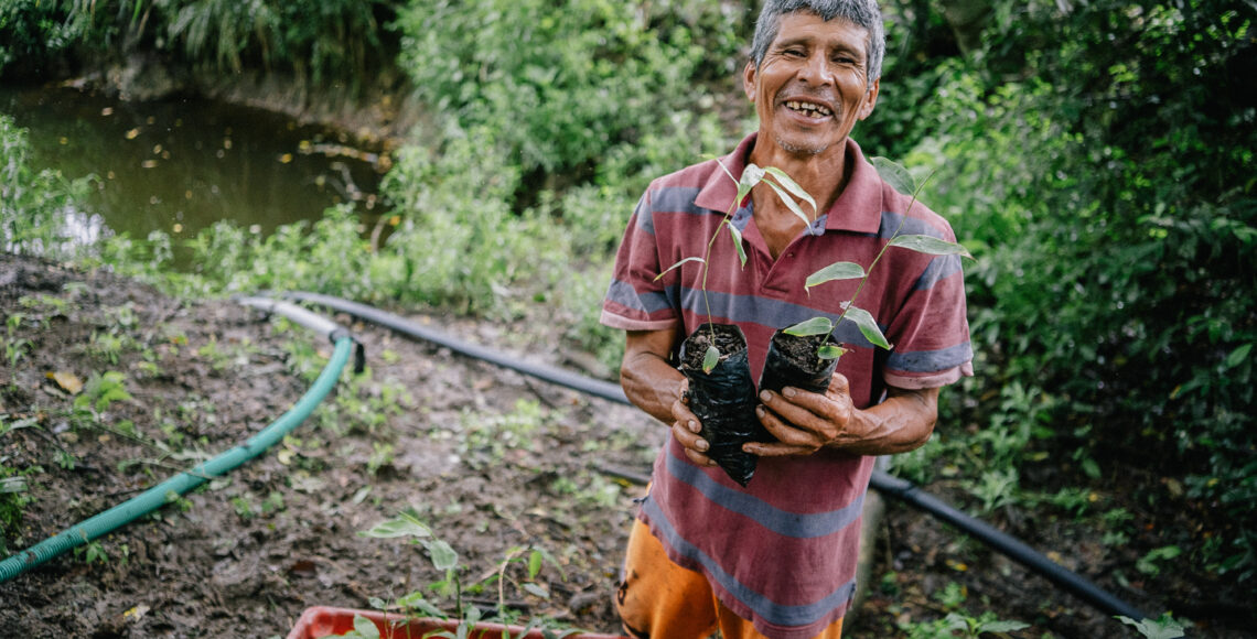 Ecquadorianer steht mit einer Pflanze in den Händen auf einem Beet im Dschungel