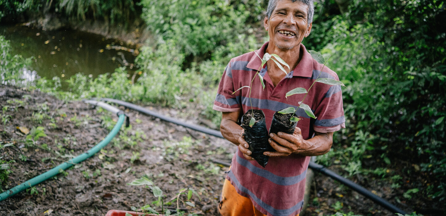 Ecquadorianer steht mit einer Pflanze in den Händen auf einem Beet im Dschungel