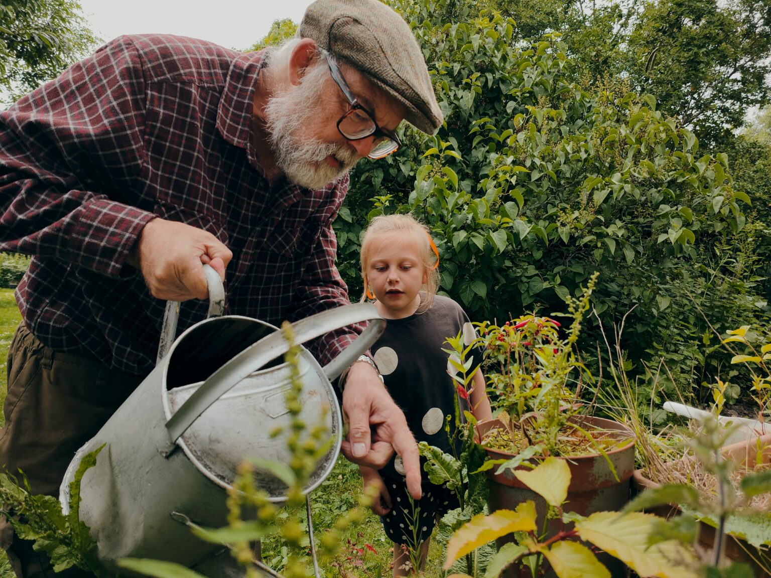 Alter Mann steht mit Gießkanne in der Hand im Garten und zeigt seiner Enkelin etwas in den Pflanzen
